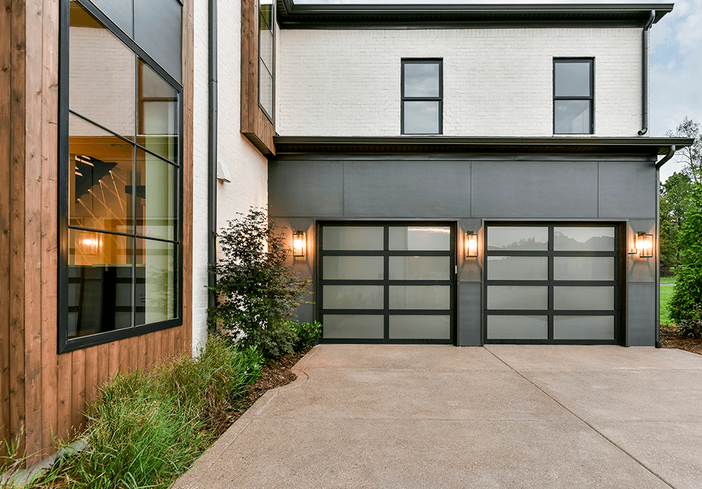 modern glass garage door with frosted windows