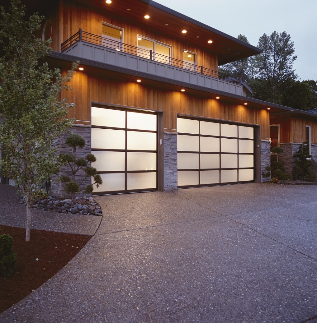 modern glass garage door with frosted windows
